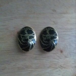 Vtg Black & Gold-Tone Cloisonne Clip-On Earrings FINAL PRICE